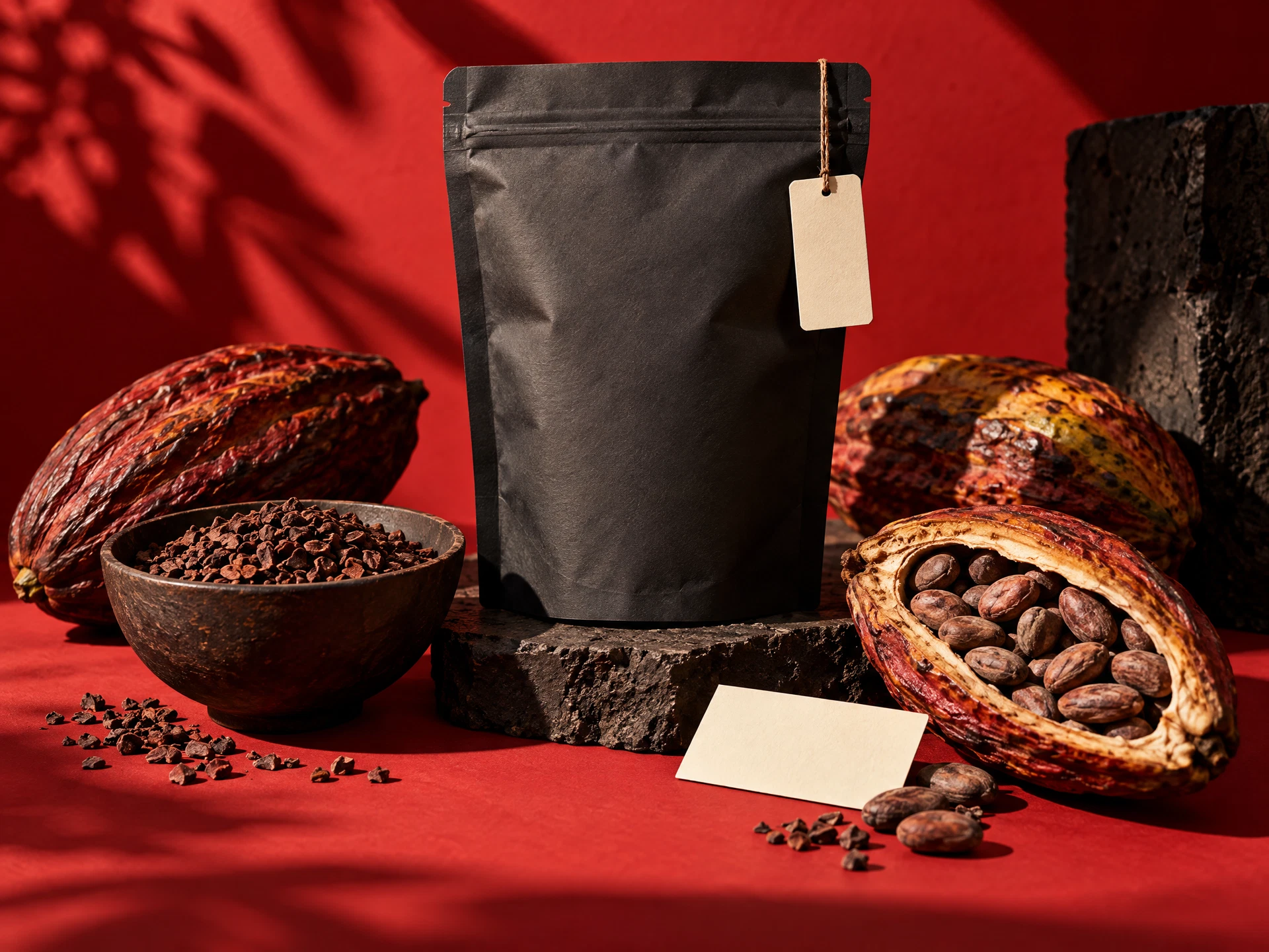 Composition créative cacao en rouge et noir, concept de communication de marque