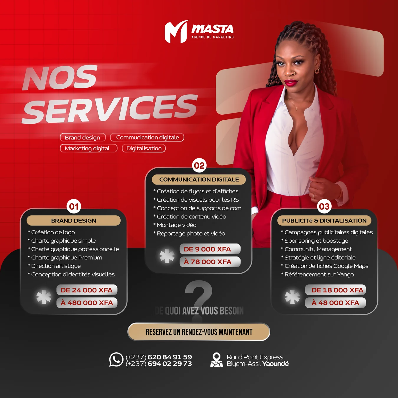 Visuel MASTA AGENCY Nos services : Brand Design, Communication digitale, Publicité et digitalisation, coordonnées et repères de prix.